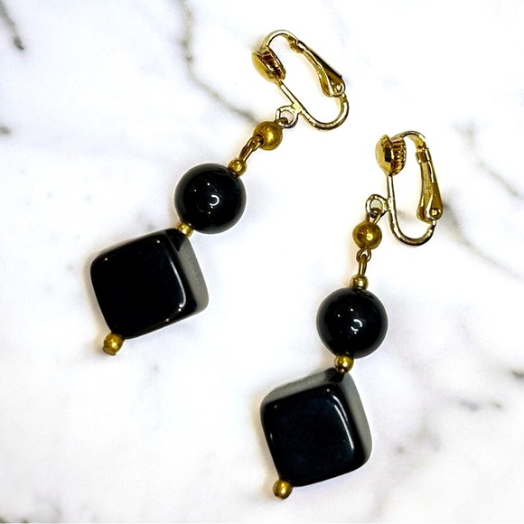 Vintage Jewelry - Vintage Black Geometric Clip-On Drop Earrings
